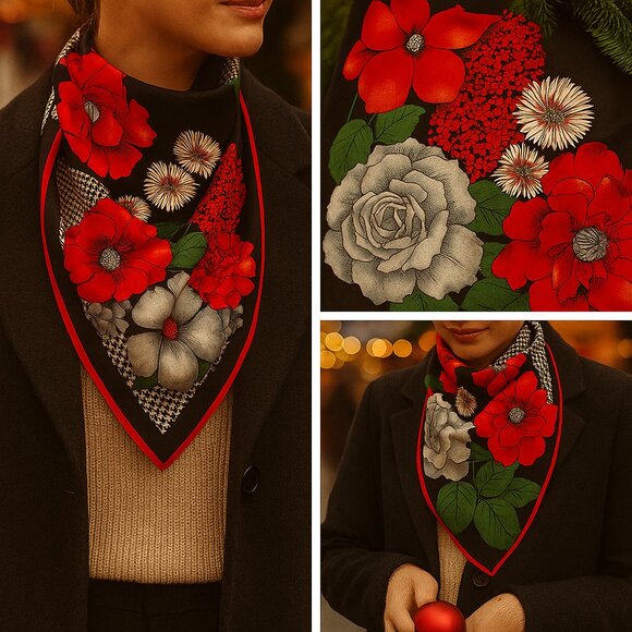 Vintage Floral Silk-Blend Scarf — Black Red & Gray | Designer-Quality 80s/90s - Picture 12 of 12